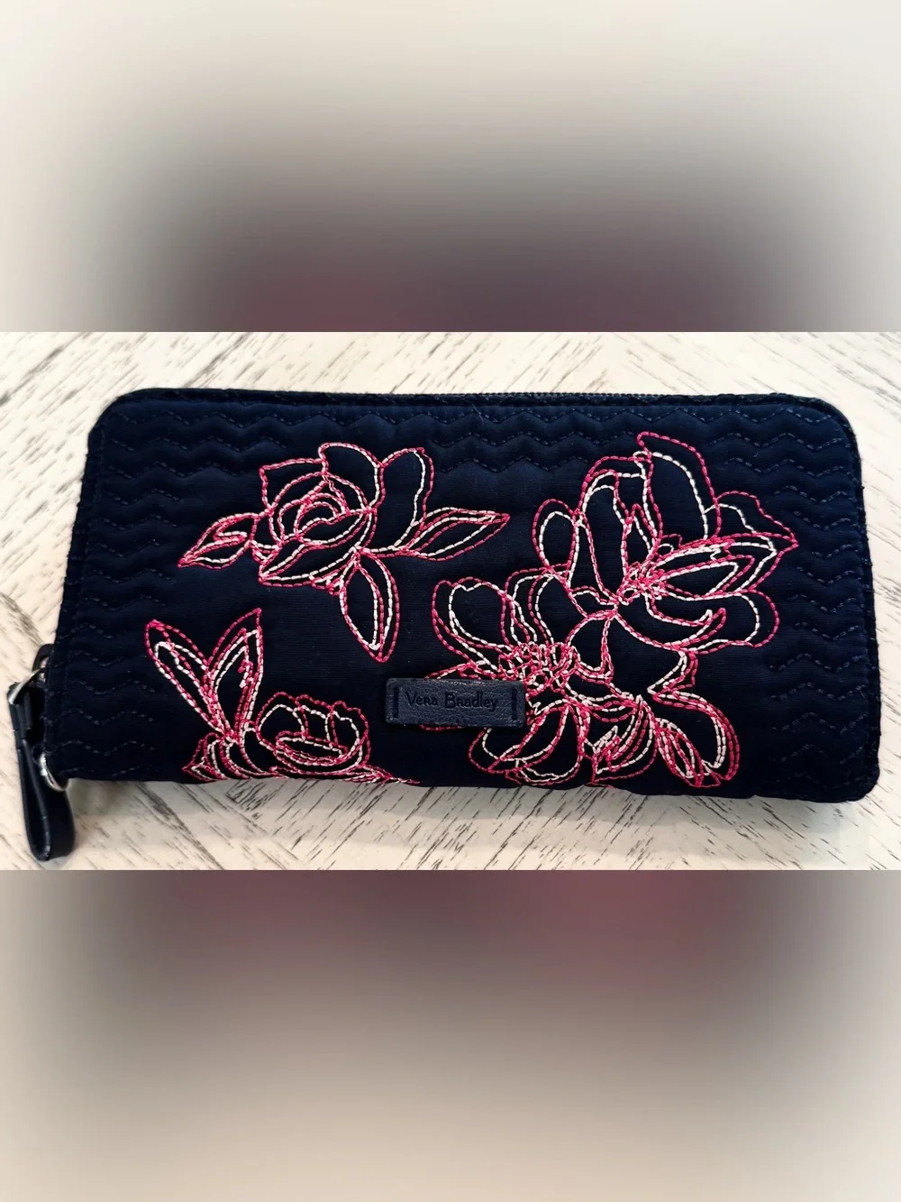 Vera Bradley Classic Navy Quilted Floral Embroidered RFID Zip Around Wallet